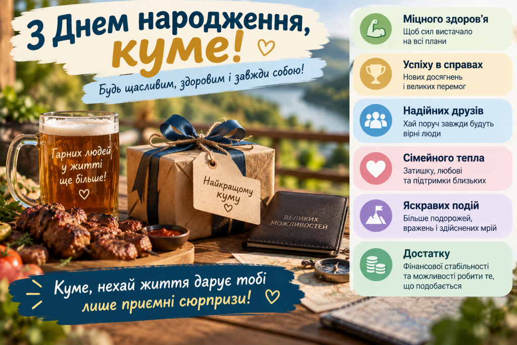 Святкова листівка з привітанням куму з днем народження та побажаннями здоров’я, успіху й добробуту.