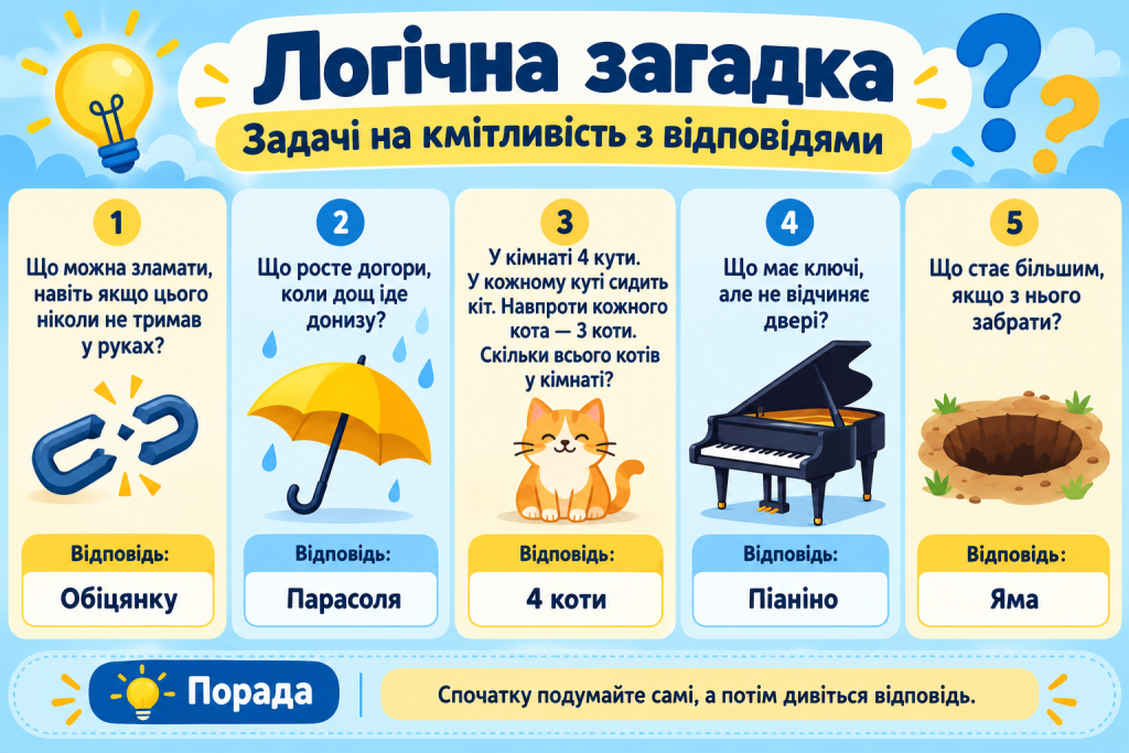 Інфографіка з п'ятьма логічними загадками та відповідями для розвитку кмітливості, уважності й нестандартного мислення.