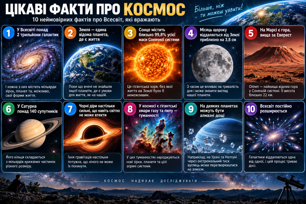 Інфографіка з цікавими фактами про космос, планети, Сонце, Місяць, галактики, чорні діри та Всесвіт