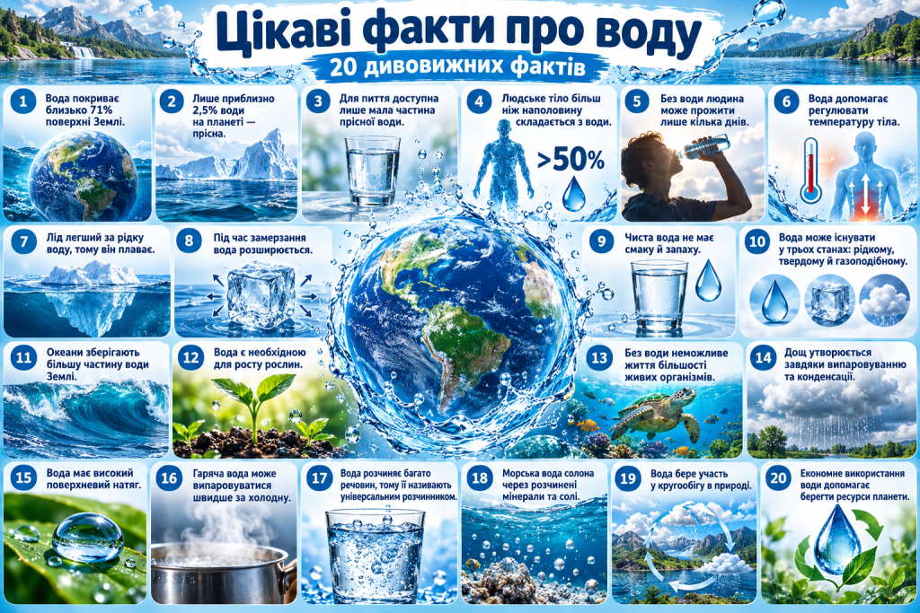Пізнавальна інфографіка з 20 цікавими фактами про воду, її фізичні властивості, роль у природі, житті людини та кругообігу на Землі.