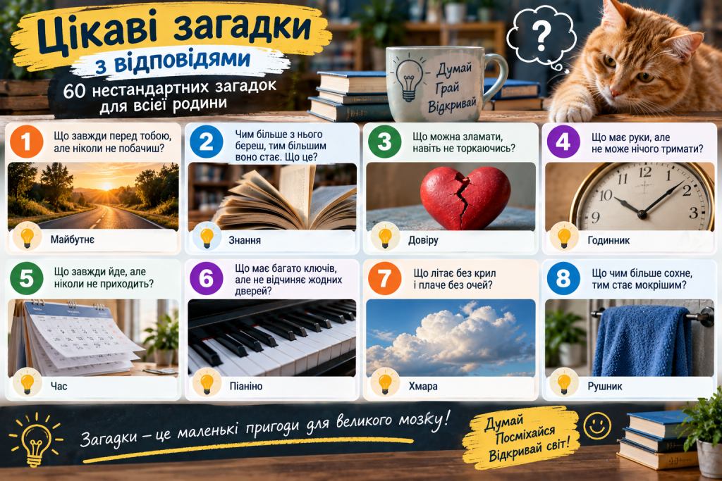 Інфографіка з цікавими загадками та відповідями для всієї родини з ілюстраціями й завданнями на логіку